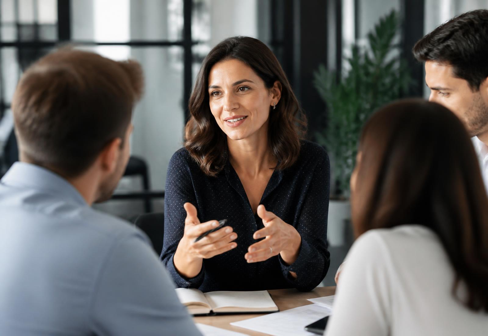 Consultante ACK Consulting en réunion de cadrage commercial avec une équipe